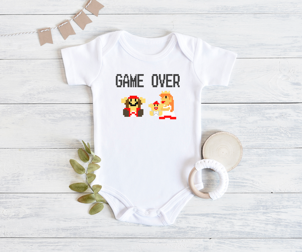 GAME OVER Funny baby onesies new parents bodysuit (white: short or long sleeve) - HappyAddition