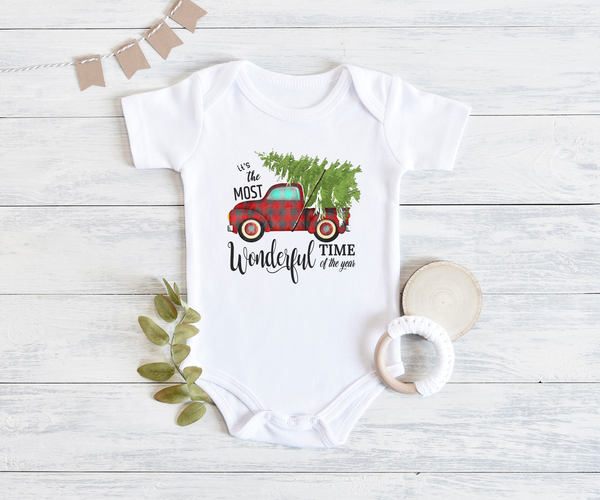 IT'S THE MOST WONDERFUL TIME OF THE YEAR Funny baby onesies Christmas bodysuit (white: short or long sleeve) - HappyAddition