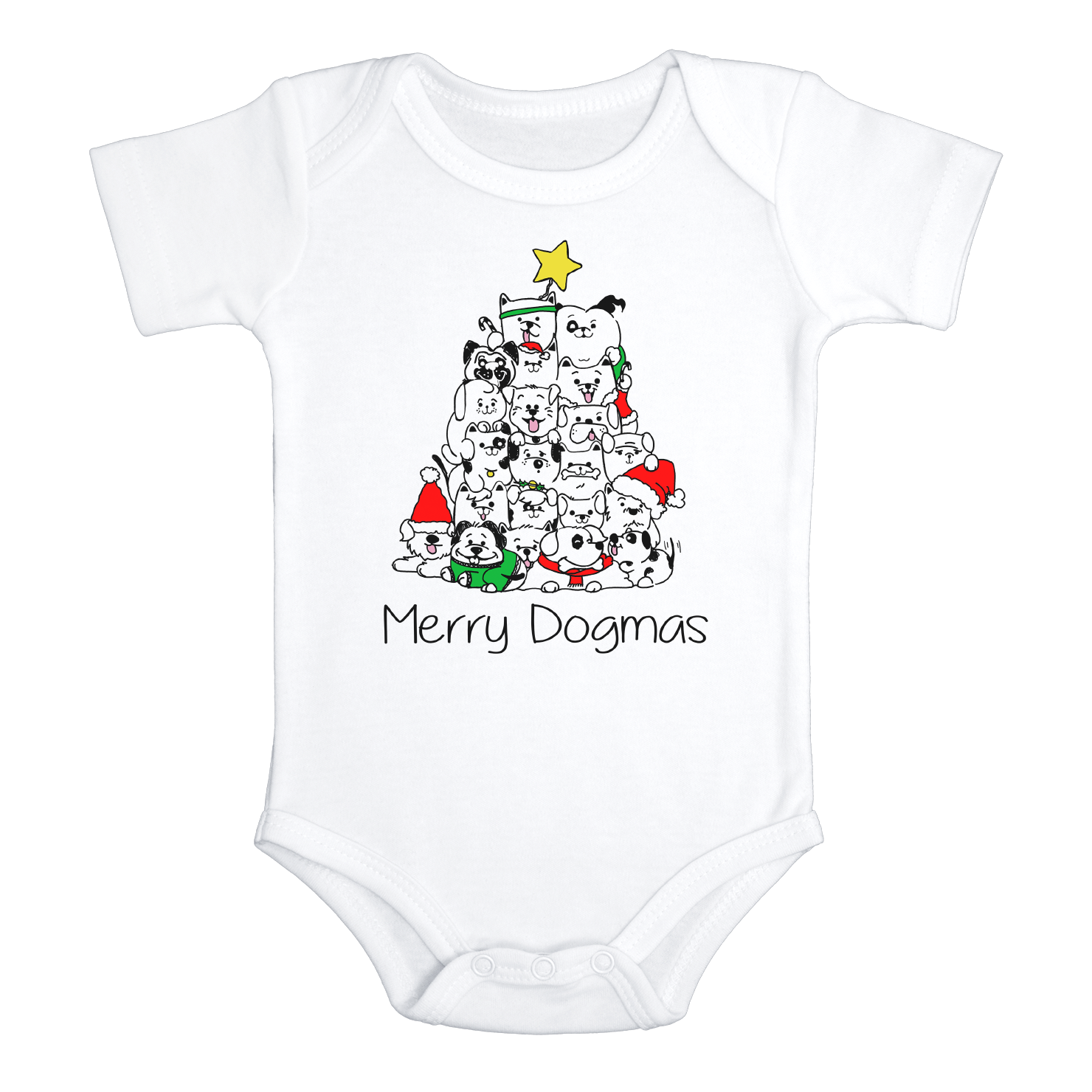 MERRY DOGMAS Funny baby Dog onesies Christmas bodysuit (white: short or long sleeve)