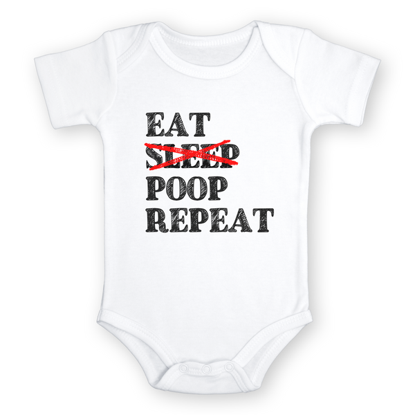 EAT SLEEP POOP REPEAT Funny baby onesies bodysuit (white: short or long sleeve) - HappyAddition