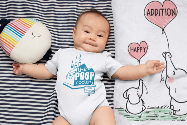 THE POOP FACTORY OPEN 24 HOURS Funny Blue Baby Bodysuit/Onesie White - HappyAddition