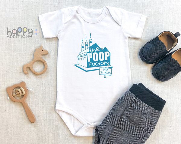 THE POOP FACTORY OPEN 24 HOURS Funny Blue Baby Bodysuit/Onesie White - HappyAddition