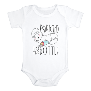 ADDICTED TO THE BOTTLE Funny baby onesies bodysuit (white: short or long sleeve) - HappyAddition