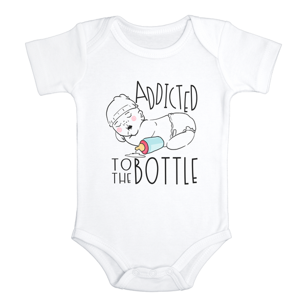 ADDICTED TO THE BOTTLE Funny baby onesies bodysuit (white: short or long sleeve) - HappyAddition