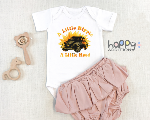 A LITTLE HIPPIE A LITTLE HOOD Funny baby onesies bodysuit (white: short or long sleeve)