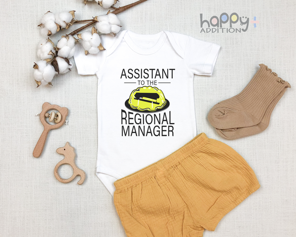 ASSISTANT TO THE REGIONAL MANAGER Funny baby onesies bodysuit (white: short or long sleeve) - HappyAddition