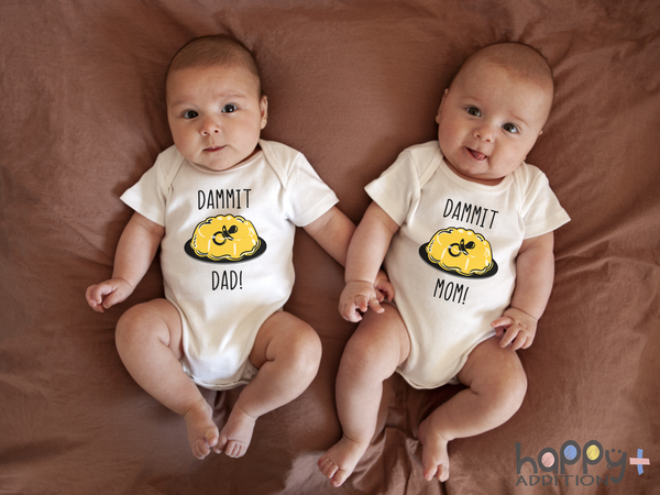 DAMMIT MOM AND DAD! Funny Office Twin Babies Onesie Baby Body Suit  (white: short or long sleeve) toddler 2t 3t 4t 5t Available