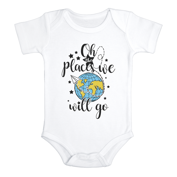 OH THE PLACES WE WILL GO Paper Airplane Funny baby onesies bodysuit (white: short or long sleeve) - HappyAddition