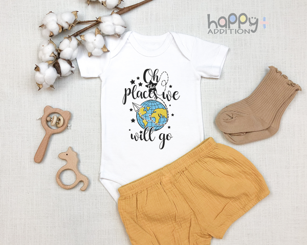 OH THE PLACES WE WILL GO Paper Airplane Funny baby onesies bodysuit (white: short or long sleeve) - HappyAddition