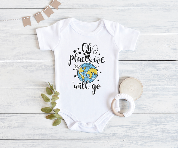 OH THE PLACES WE WILL GO Paper Airplane Funny baby onesies bodysuit (white: short or long sleeve) - HappyAddition