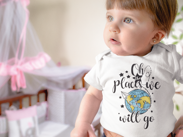 OH THE PLACES WE WILL GO Paper Airplane Funny baby onesies bodysuit (white: short or long sleeve) - HappyAddition