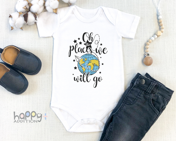 OH THE PLACES WE WILL GO Paper Airplane Funny baby onesies bodysuit (white: short or long sleeve) - HappyAddition