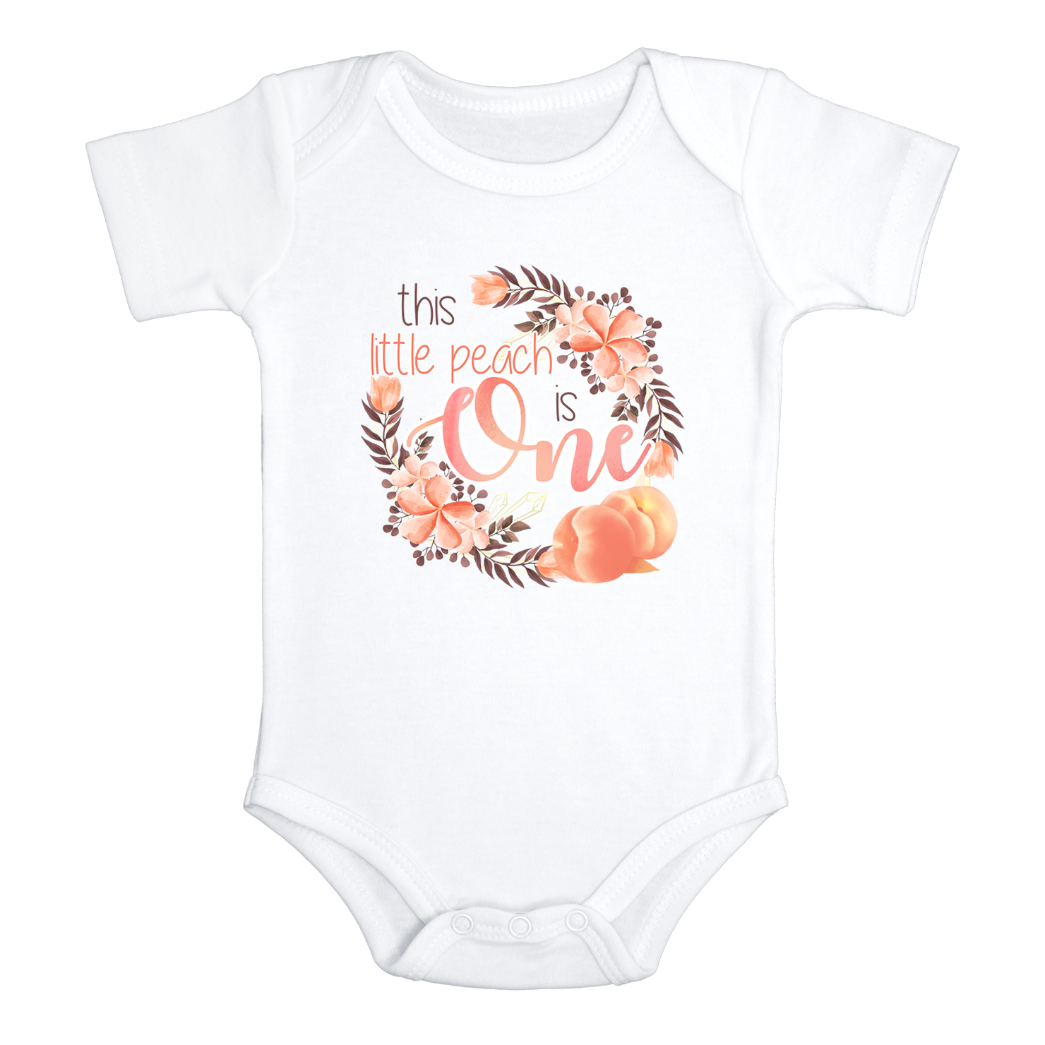 THIS LITTLE PEACH IS ONE Floral Baby's First Birthday Bodysuit Cute Peach Onesie White - HappyAddition