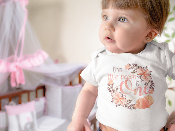 THIS LITTLE PEACH IS ONE Floral Baby's First Birthday Bodysuit Cute Peach Onesie White - HappyAddition