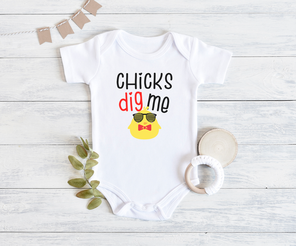 CHICKS DIG ME funny baby onesies bodysuit (white: short or long sleeve) - HappyAddition