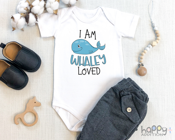 I AM WHALEY LOVED Funny Baby Bodysuit Cute Whale Onesie White - HappyAddition