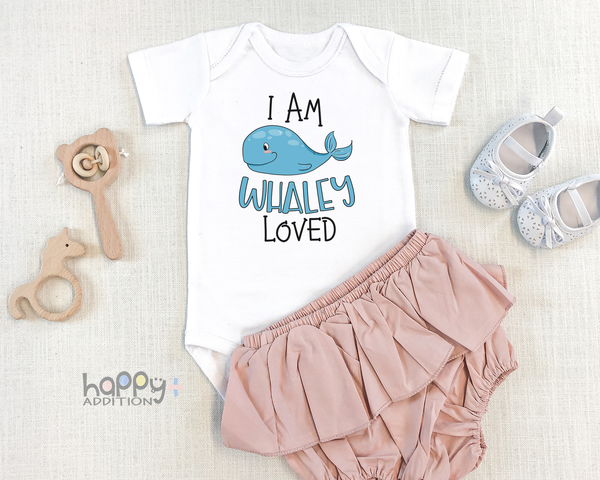 I AM WHALEY LOVED Funny Baby Bodysuit Cute Whale Onesie White - HappyAddition