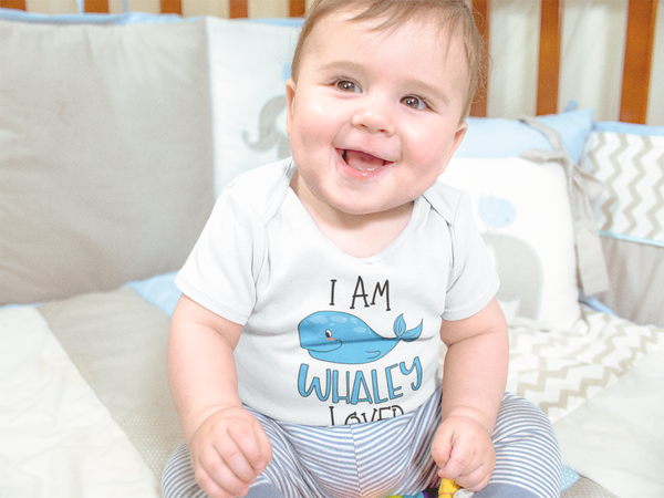 I AM WHALEY LOVED Funny Baby Bodysuit Cute Whale Onesie White - HappyAddition