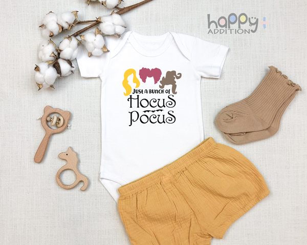 JUST A BUNCH OF HOCUS POCUS Funny baby onesies Halloween bodysuit (white: short or long sleeve)