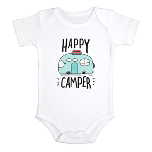 HAPPY CAMPER Funny baby onesies Hiking bodysuit (white: short or long sleeve)