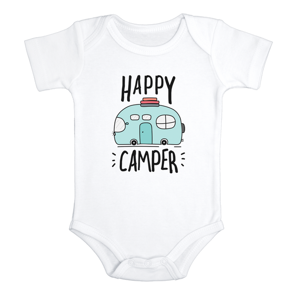 HAPPY CAMPER Funny baby onesies Hiking bodysuit (white: short or long sleeve)