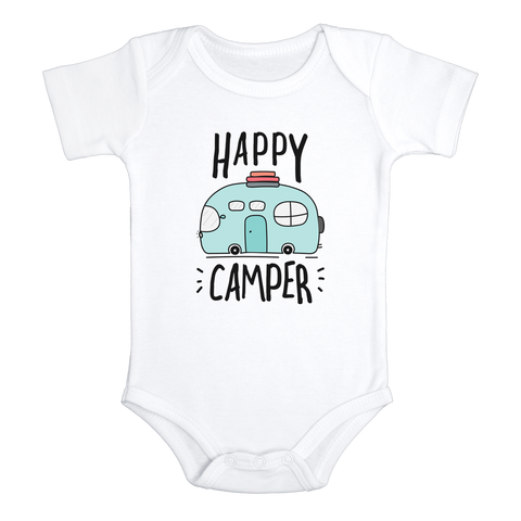 HAPPY CAMPER Funny baby onesies Hiking bodysuit (white: short or long sleeve)