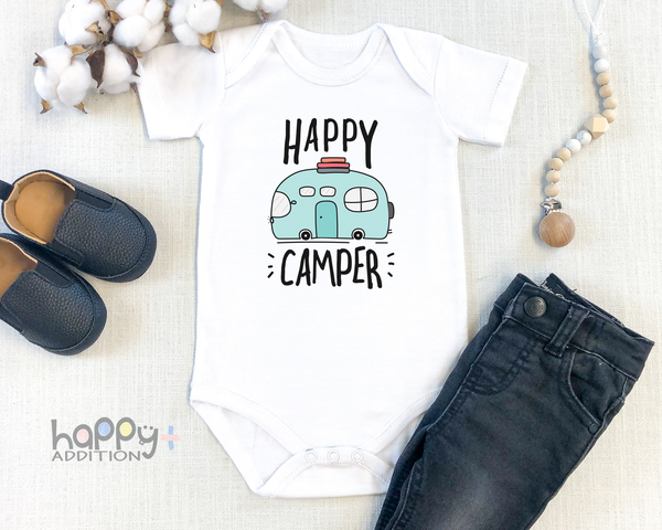 HAPPY CAMPER Funny baby onesies Hiking bodysuit (white: short or long sleeve)