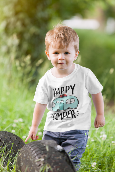 HAPPY CAMPER Funny baby onesies Hiking bodysuit (white: short or long sleeve)