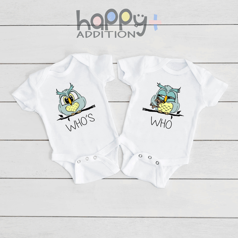 WHO'S WHO Funny Twin Babies Owl Onesie Baby Girl Body Suit  (white: short or long sleeve) toddler 3t 4t 5t Available