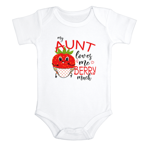 MY AUNT LOVES ME BERRY MUCH Funny baby onesies aunt bodysuit (white: short or long sleeve) - HappyAddition