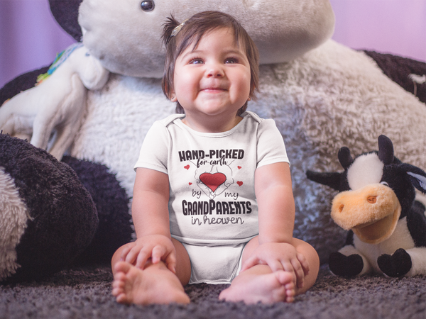 HAND-PICKED FOR EARTH BY MY GRANDPARENTS IN HEAVEN baby onesies heart bodysuit (white: short or long sleeve) - HappyAddition