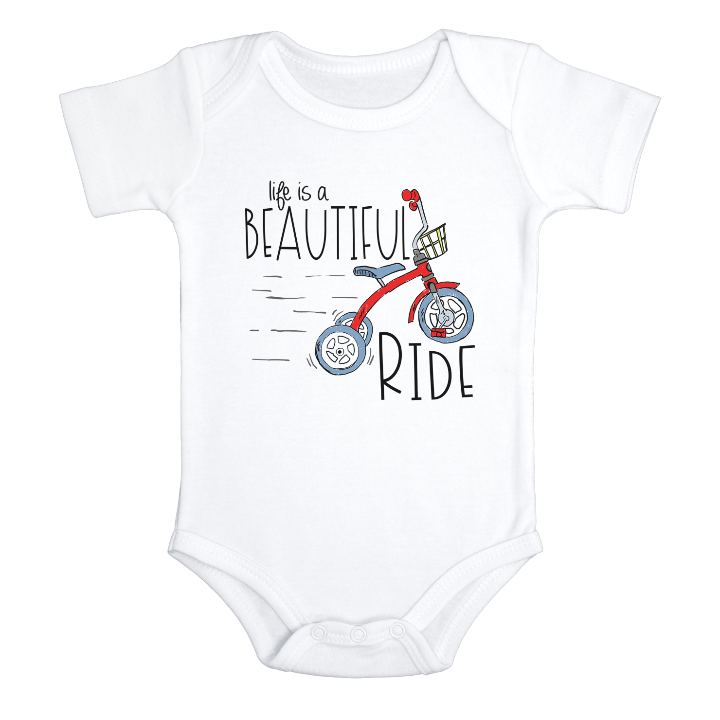 LIFE IS A BEAUTIFUL RIDE funny baby boy onesie tricycle bodysuit (white: short or long sleeve) - HappyAddition