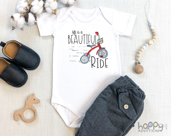 LIFE IS A BEAUTIFUL RIDE funny baby boy onesie tricycle bodysuit (white: short or long sleeve) - HappyAddition