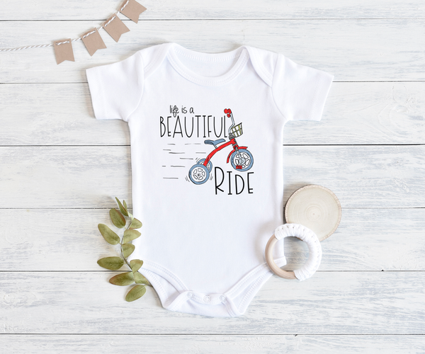 LIFE IS A BEAUTIFUL RIDE funny baby boy onesie tricycle bodysuit (white: short or long sleeve) - HappyAddition