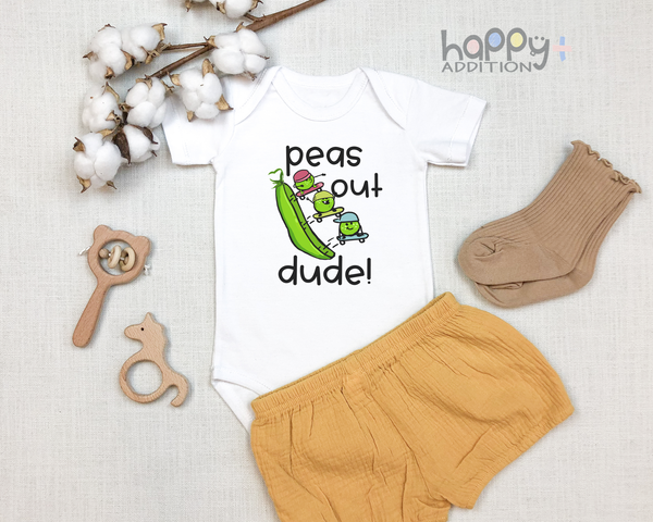 PEAS OUT DUDE funny baby onesies vegetables bodysuit (white: short or long sleeve) - HappyAddition