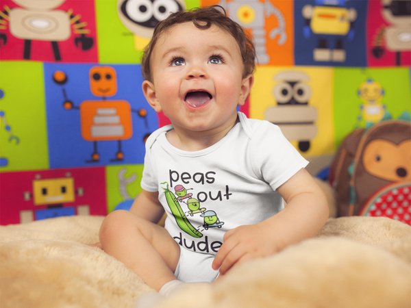 PEAS OUT DUDE funny baby onesies vegetables bodysuit (white: short or long sleeve) - HappyAddition