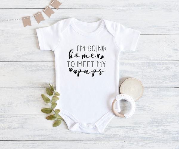 I'M GOING HOME TO MEET MY PUPS b&w Funny baby dog onesies bodysuit (white: short or long sleeve) - HappyAddition