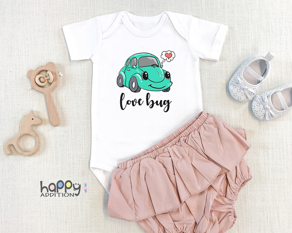 LOVE BUG funny baby onesies car bodysuit (white: short or long sleeve) - HappyAddition