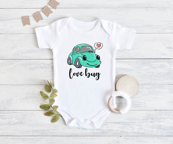 LOVE BUG funny baby onesies car bodysuit (white: short or long sleeve) - HappyAddition