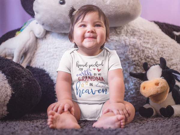 HAND-PICKED FOR EARTH BY MY GRANDMA IN HEAVEN baby onesies bodysuit (white: short or long sleeve) - HappyAddition