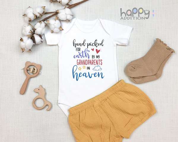HAND-PICKED FOR EARTH BY MY GRANDPARENTS IN HEAVEN baby onesies bodysuit (white: short or long sleeve) - HappyAddition
