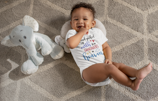 HAND-PICKED FOR EARTH BY MY GRANDPARENTS IN HEAVEN baby onesies bodysuit (white: short or long sleeve) - HappyAddition