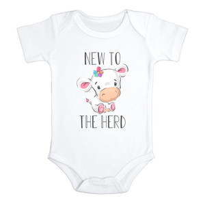 NEW TO THE HERD Funny baby onesies cute cow bodysuit (white: short or long sleeve) - HappyAddition