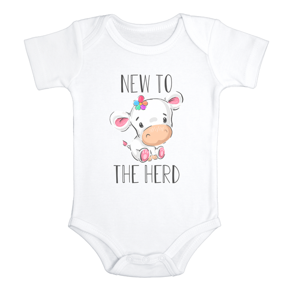 NEW TO THE HERD Funny baby onesies cute cow bodysuit (white: short or long sleeve) - HappyAddition