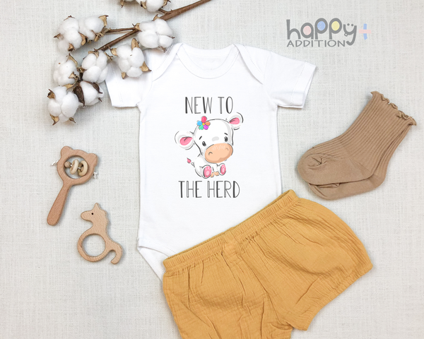 NEW TO THE HERD Funny baby onesies cute cow bodysuit (white: short or long sleeve) - HappyAddition