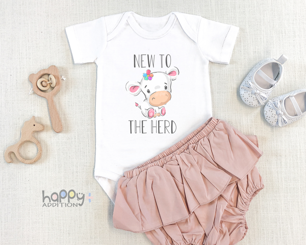 NEW TO THE HERD Funny baby onesies cute cow bodysuit (white: short or long sleeve) - HappyAddition