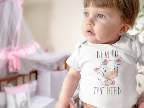 NEW TO THE HERD Funny baby onesies cute cow bodysuit (white: short or long sleeve) - HappyAddition