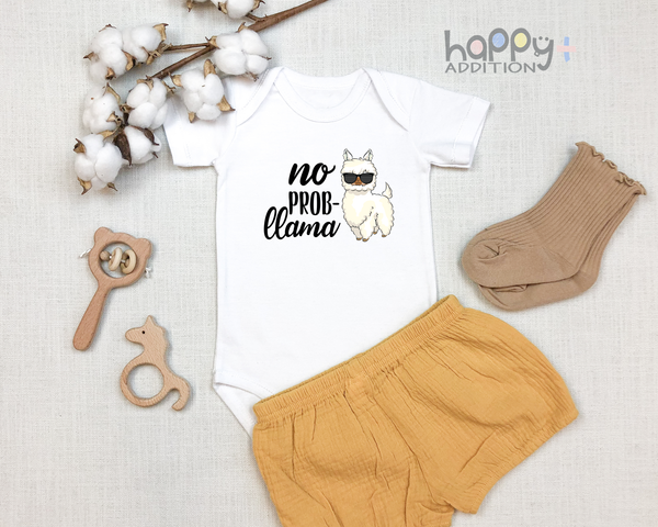 NO PROB-LLAMA Funny baby puppy onesies bodysuit (white: short or long sleeve) - HappyAddition