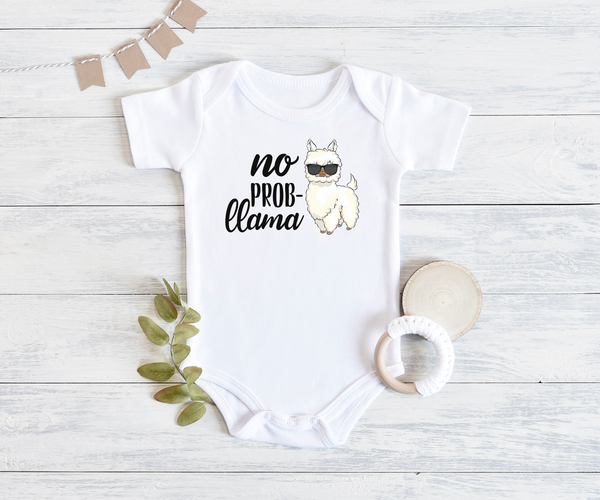 NO PROB-LLAMA Funny baby puppy onesies bodysuit (white: short or long sleeve) - HappyAddition