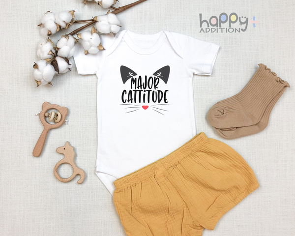 MAJOR CATTITUDE Funny cat baby onesies bodysuit (white: short or long sleeve) - HappyAddition